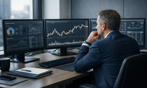 Professional trader analysing stock market data on multiple screens in an institutional trading workspace, representing structured stock trading education for professionals