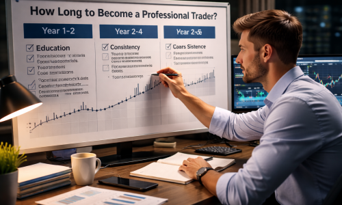 Aspiring professional trader studying market data and risk management notes at a desk over an extended learning period, representing the long-term development required to trade professionally.