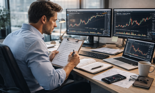 Professional trader calmly reviewing a structured trading plan and risk parameters, illustrating why professionals focus on process rather than short-term profits.