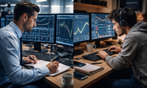 Side-by-side view of two traders in different environments, showing the contrast between a disciplined professional trading setup and a casual retail trading setup.