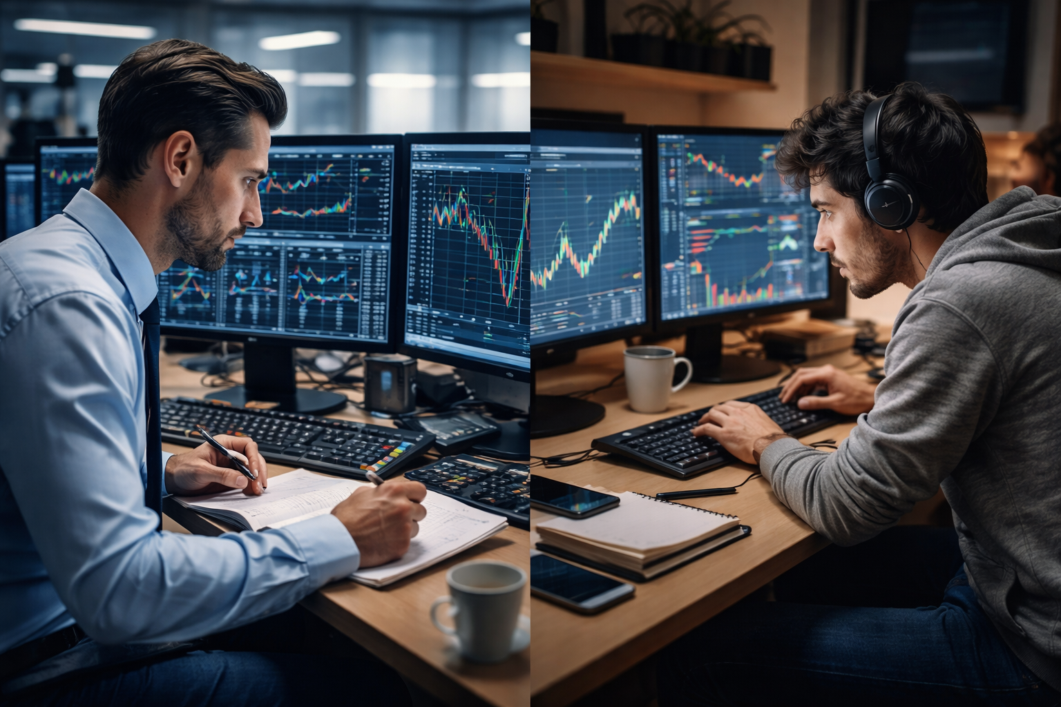 Side-by-side view of two traders in different environments, showing the contrast between a disciplined professional trading setup and a casual retail trading setup.