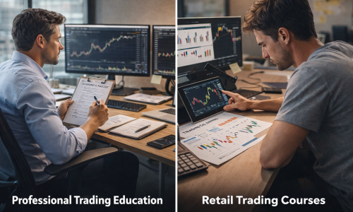 Two professional traders in a structured office environment reviewing market data together, representing professional trading education compared with retail trading courses.