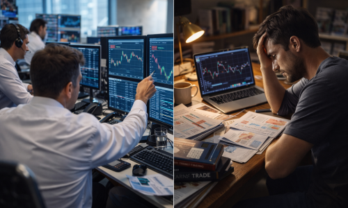 Split-frame image showing a professional trader reviewing structured market analysis and risk models contrasted with a retail trader focused on charts and indicators.