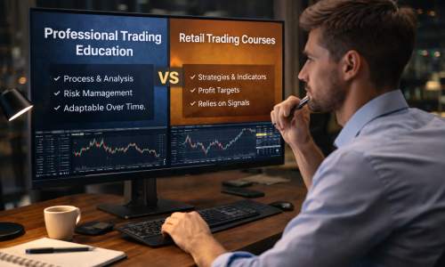 Professional trader comparing structured market analysis and risk management frameworks on a laptop, representing the difference between institutional trading education and retail trading courses.