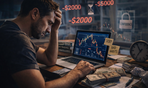 Stressed trader sitting at a desk with trading charts and notes, illustrating the financial and psychological cost of learning to trade the wrong way.