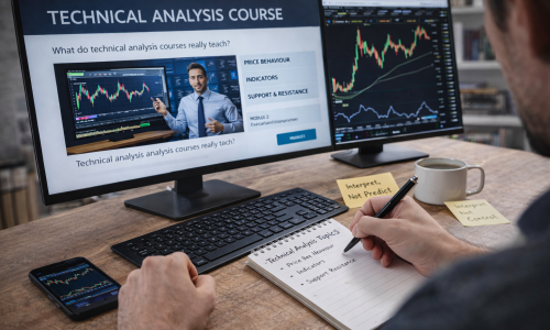Person studying technical analysis concepts at a desk with price charts displayed on a laptop and handwritten notes