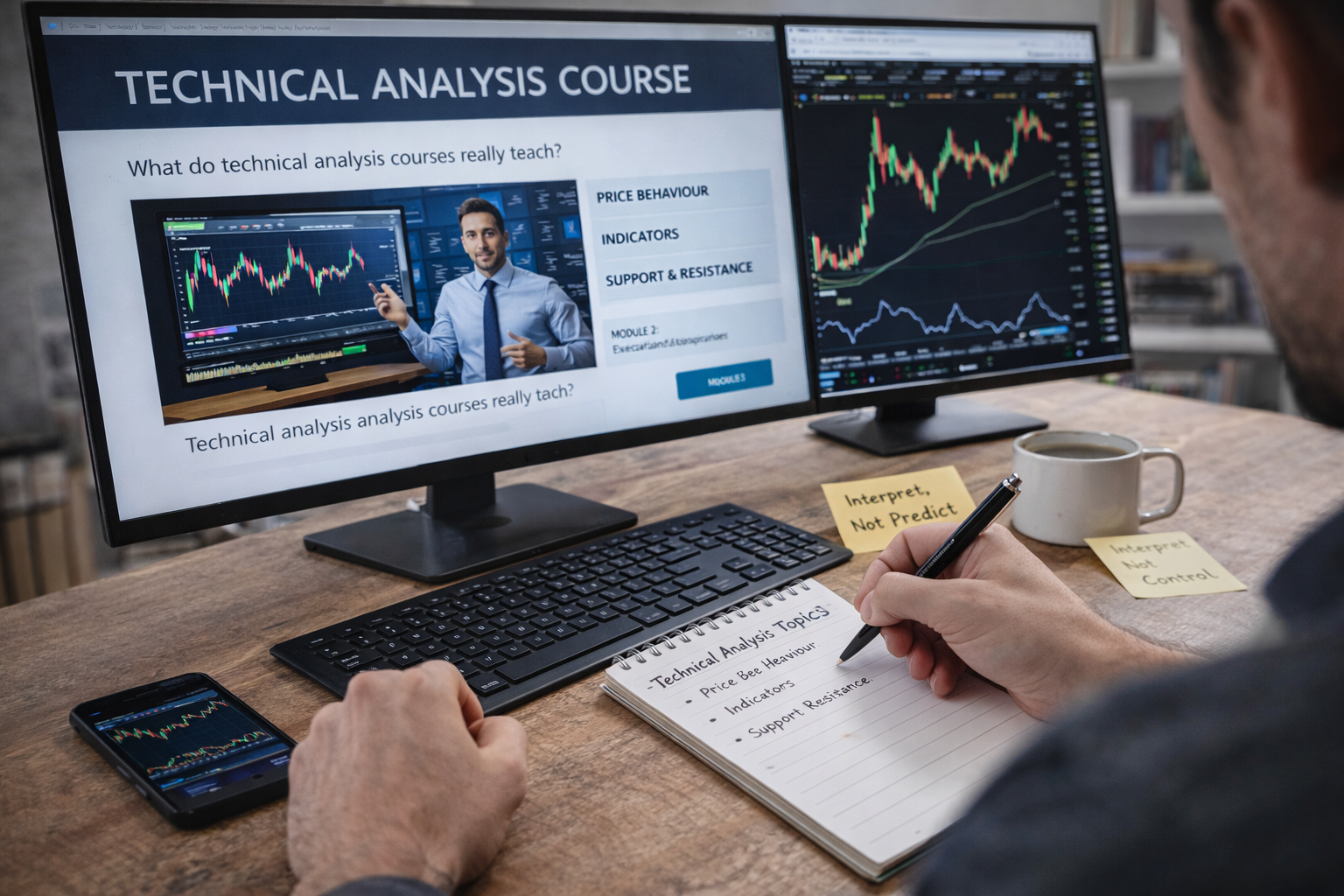 Person studying technical analysis concepts at a desk with price charts displayed on a laptop and handwritten notes