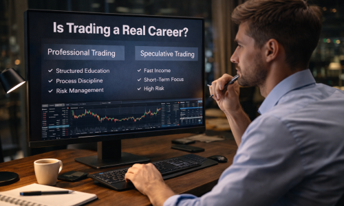 Professional man in his mid-30s reviewing market analysis and career planning notes at a desk, reflecting the evaluation of trading as a long-term professional career.