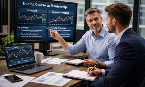 One-to-one trading mentorship session with a professional mentor reviewing charts and risk management decisions with a trader in a quiet office setting.