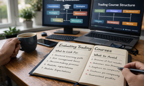Person reviewing trading course materials at a home desk with notes, a laptop, and a structured learning setup