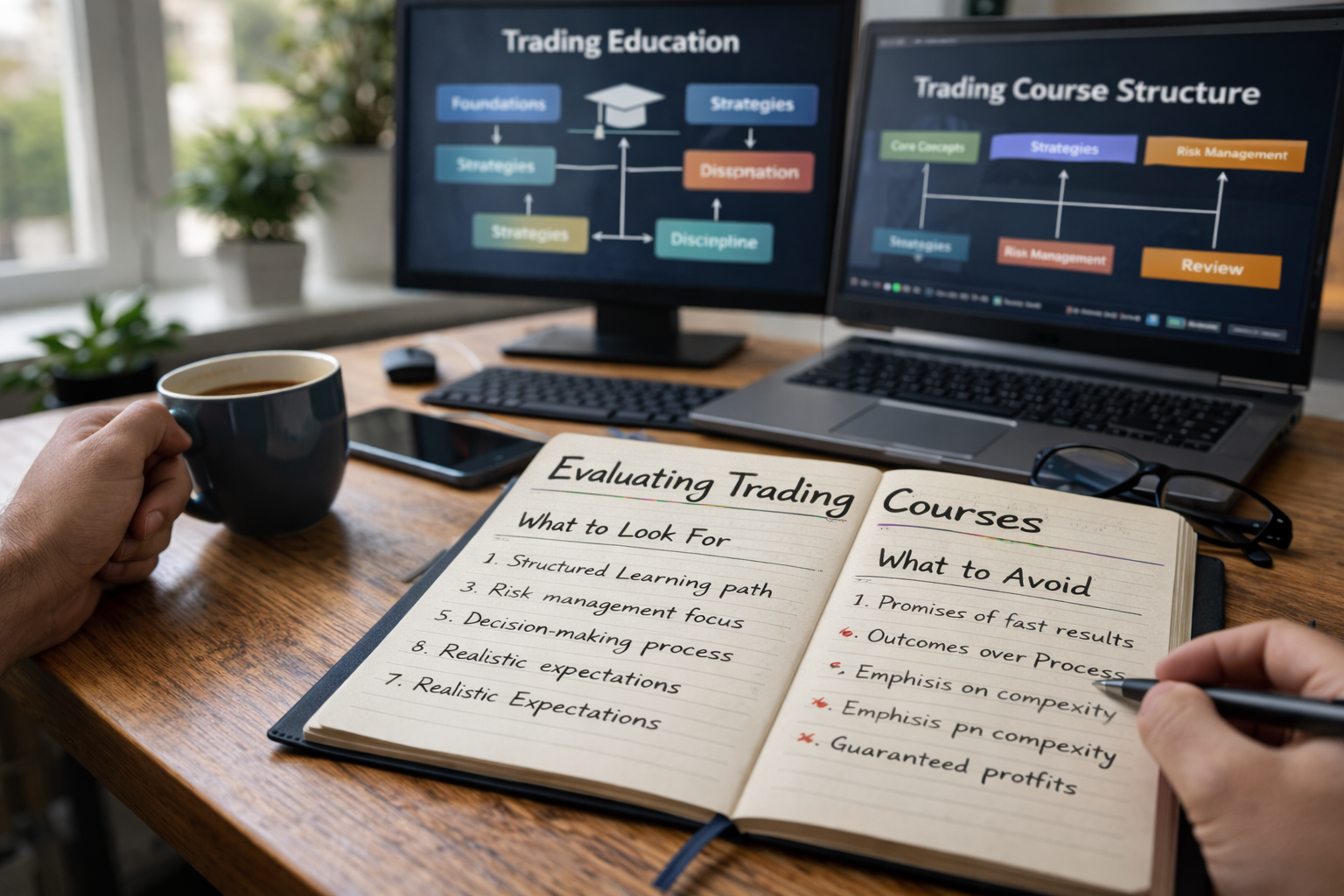 Person reviewing trading course materials at a home desk with notes, a laptop, and a structured learning setup