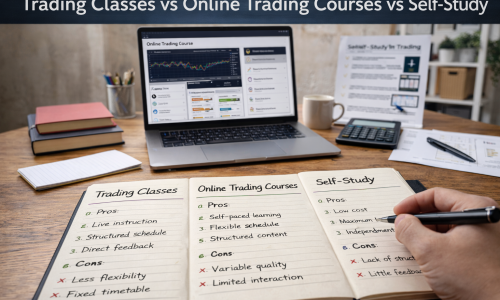 Person comparing trading classes, online courses, and self-study using a laptop, notebook, and learning materials at a home desk