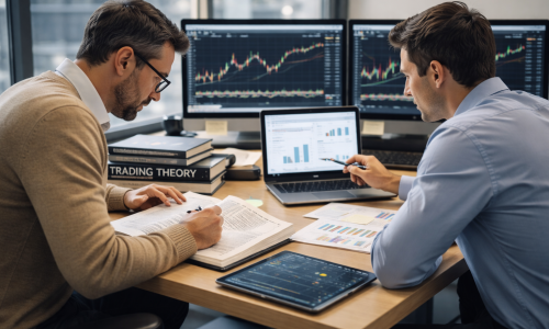 Trader analysing market charts while taking handwritten notes, illustrating the difference between learning trading theory and developing real trading skill through application and discipline.