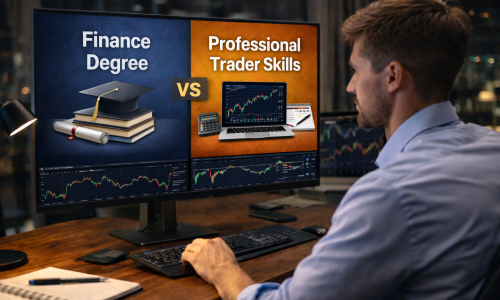 Professional man studying market analysis and trading education materials at home, representing a pathway into professional trading without a formal finance degree.