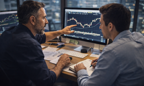 Two traders in a professional setting reviewing market analysis together, illustrating how mentoring accelerates trading skill development through feedback and guidance.