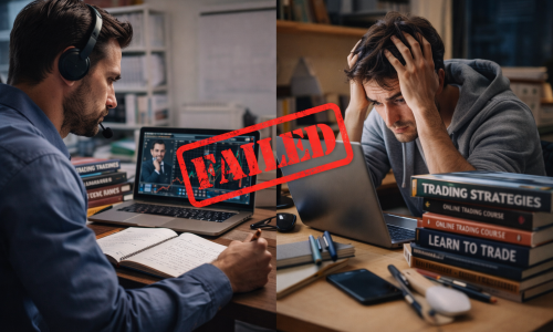 Split-view image showing a frustrated retail trader watching a trading course on a laptop contrasted with a disciplined professional trader reviewing structured market analysis and risk notes.