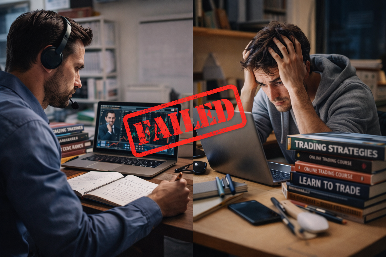 Split-view image showing a frustrated retail trader watching a trading course on a laptop contrasted with a disciplined professional trader reviewing structured market analysis and risk notes.