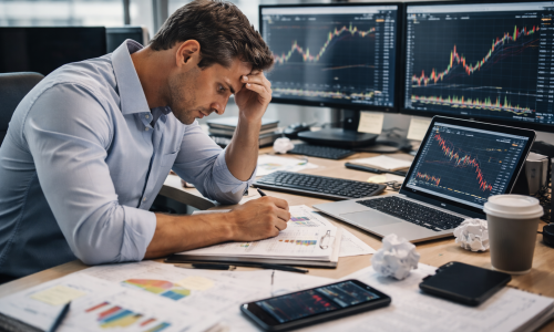 Stressed trader sitting at a desk with multiple screens showing charts, illustrating how the absence of a structured trading process leads to emotional decision-making and inconsistency.
