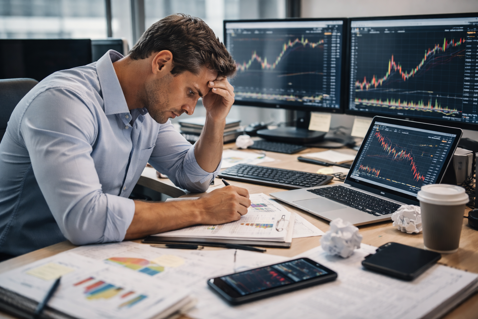 Stressed trader sitting at a desk with multiple screens showing charts, illustrating how the absence of a structured trading process leads to emotional decision-making and inconsistency.