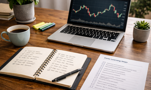 Beginner forex learning setup with notebook and neutral candlestick chart