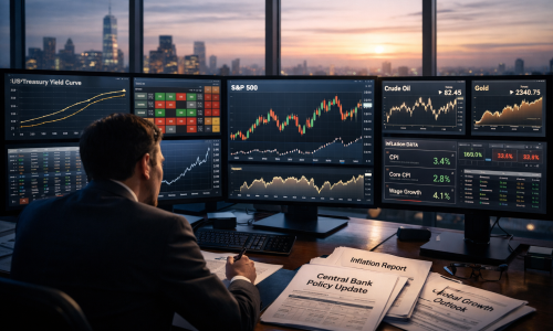Macro strategist analysing US Treasury yield curve, S&P 500, forex heatmap, oil and gold charts on a professional trading floor at sunrise