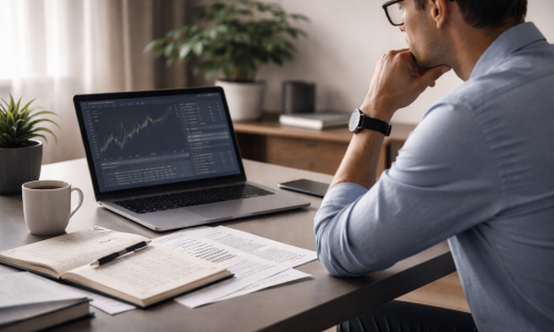 Professional evaluating whether trading courses are worth it while reviewing market data and educational notes