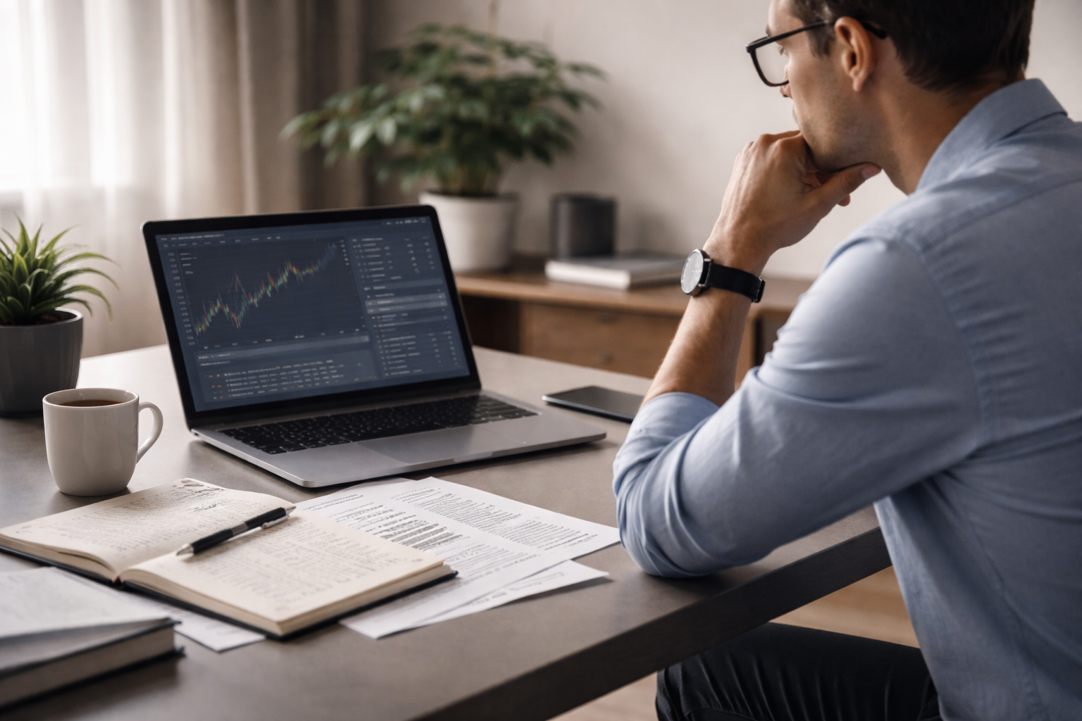 Professional evaluating whether trading courses are worth it while reviewing market data and educational notes