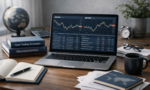 Professional forex trading education workspace showing currency charts and study materials, illustrating professional versus retail forex courses