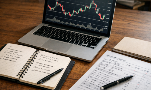 Professional forex mentoring evaluation setup with notebook, candlestick chart and macroeconomic calendar