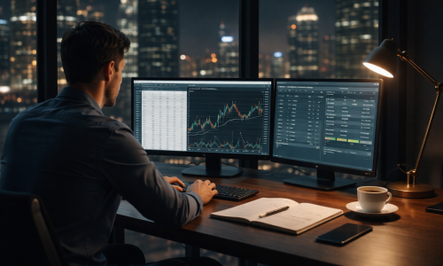 Professional forex trader analysing macroeconomic data and currency charts in a modern high-rise office at night