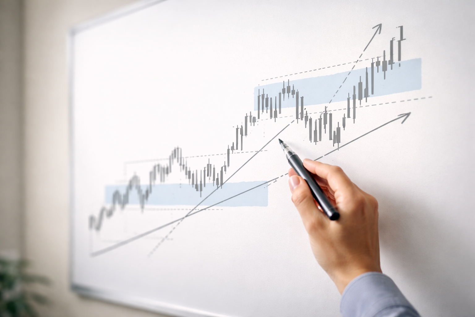 Instructional chart on a training wall illustrating technical analysis skill development in a professional learning environment