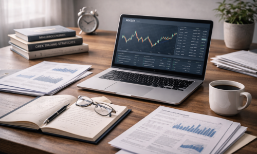 Professional forex trading education environment showing currency charts, research materials, and structured learning resources