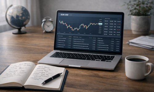 Beginner-friendly forex learning setup showing currency charts and study notes, illustrating a free forex course