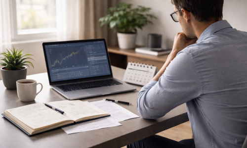 Professional trader studying trading over time with notebook, calendar, and market analysis on a laptop
