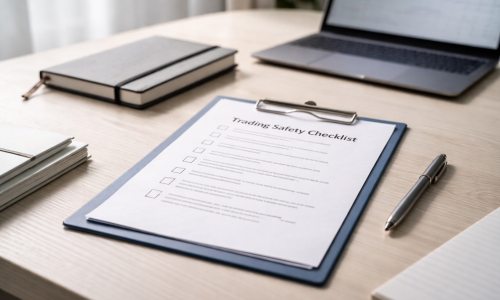 Checklist and study materials arranged to represent the safest way to learn trading with a risk controlled approach