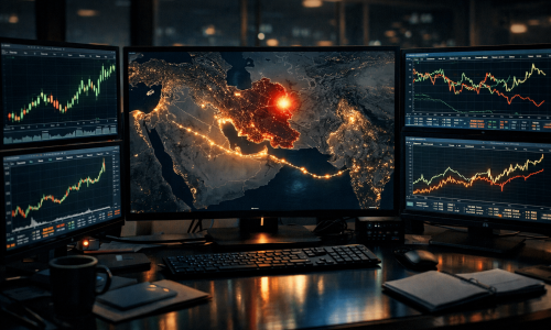 Trading desk screens showing oil prices, stock markets and currency movements during the Iran war financial markets environment